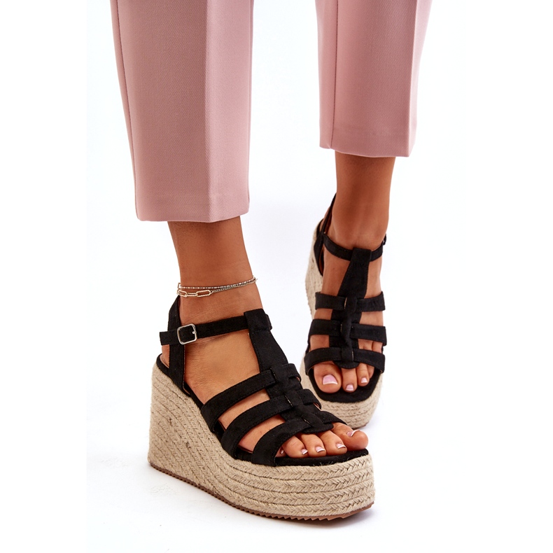 Sandale pentru femei espadrilles pentru pană cu împletitură neagră negru 1