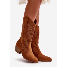 Cizme de cowboy de damă ajurate cu tocuri înalte Camel Iceda maro 1