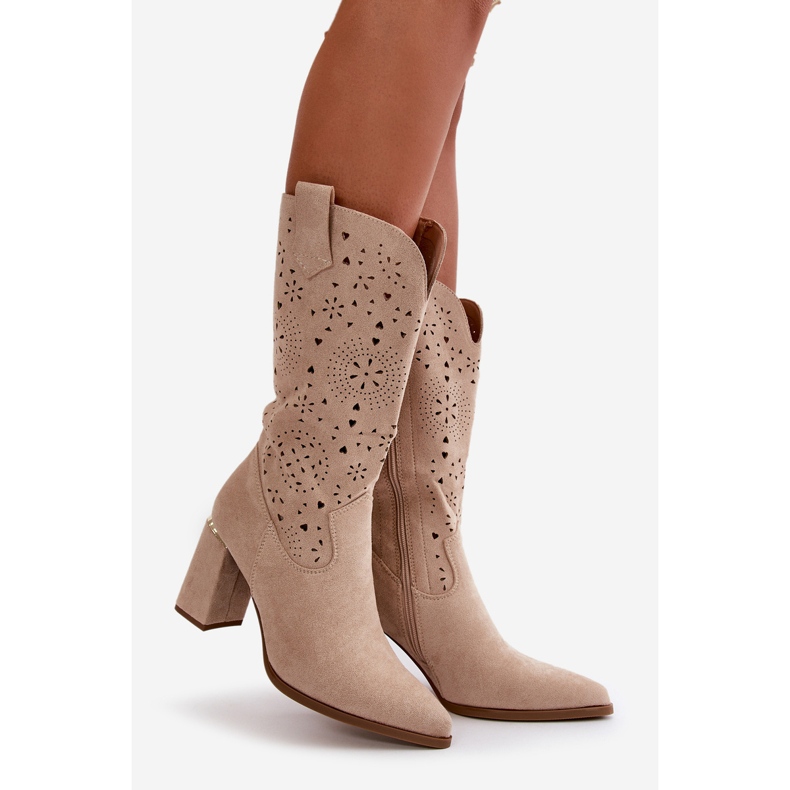 Cizme Damă Ajurate Pe Toc Înalt Cu Degete Ascuțite, Damă Căprioară Eco Bej Nevithra 1