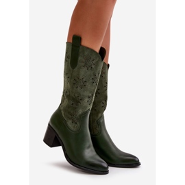 Jezzi Cizme de damă ajurate până la jumătatea gambei din piele ecologică nevilos verzi verde 1