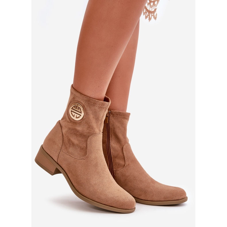 Jezzi Botine de damă, prinse cu fermoar, cu detalii decorative, piele de căprioară ecologică, bej, Lerioria 1