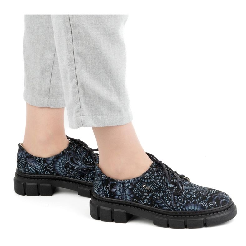 Olivier Pantofi de dama din piele cu talpa groasa, flori 1134, albastru multicolor 1