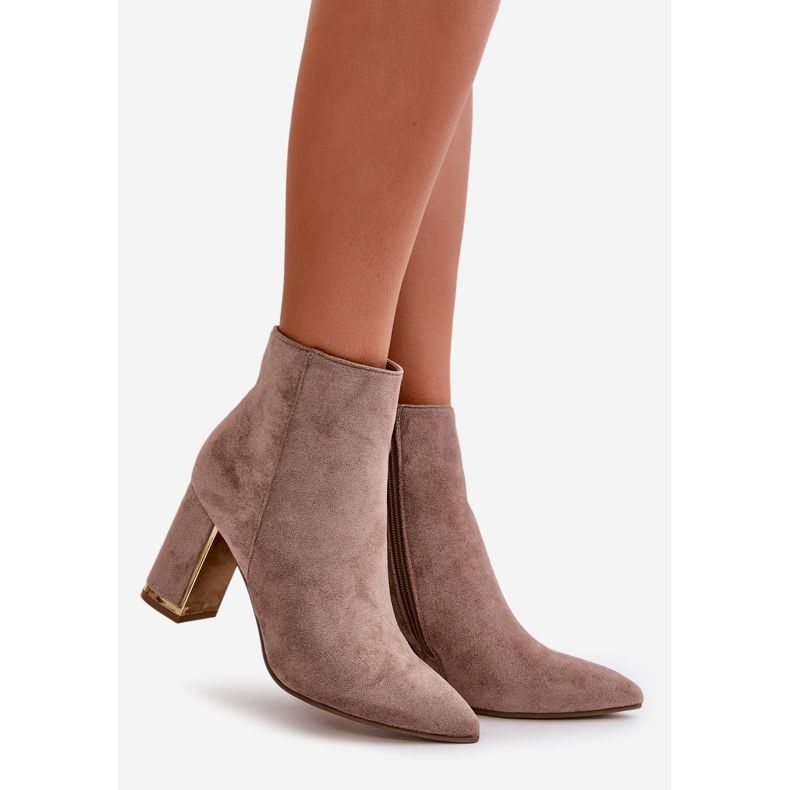 Botine de damă cu toc înalt, prinse cu fermoar, piele de căprioară ecologică izolată, bej Mevair 1