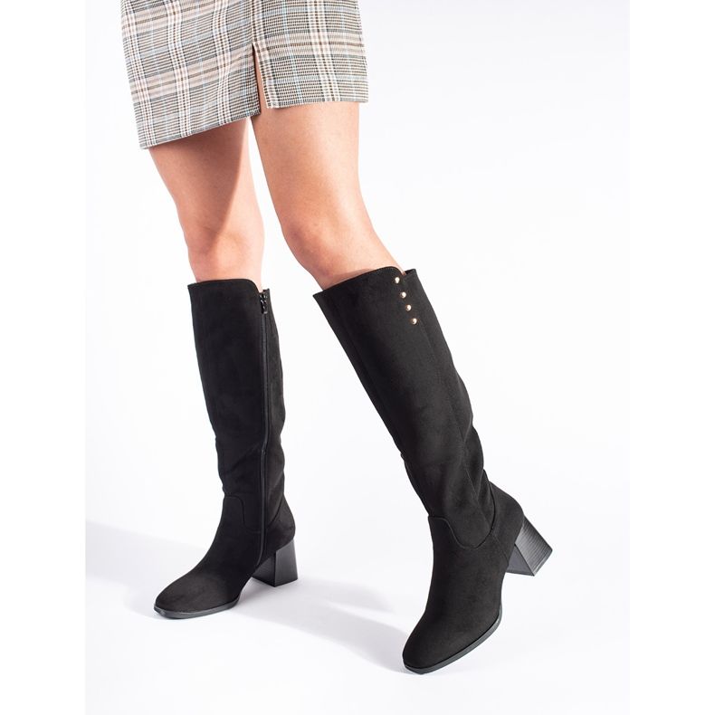 Cizme negre din piele intoarsa cu toc inalt negru 2