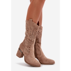 Cizme de cowboy ajurate pentru damă, cu toc înalt, din piele ecologică, bej S.Barski HY42-028 1