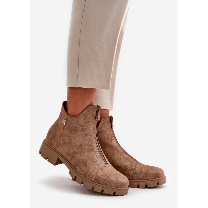 Botine izolate de damă cu abraziuni din piele ecologică maro și auriu Verietta 1