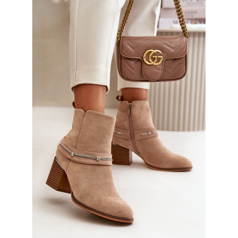 Cizme Izolatoare De Dama Pe Toc Inalt Cu Lant Eco Suede Bej Hanalen 2