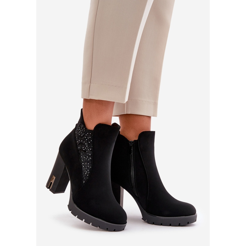 PS1 Botine izolate de dama pe toc inalt cu broderie, Black Verissae negru 1