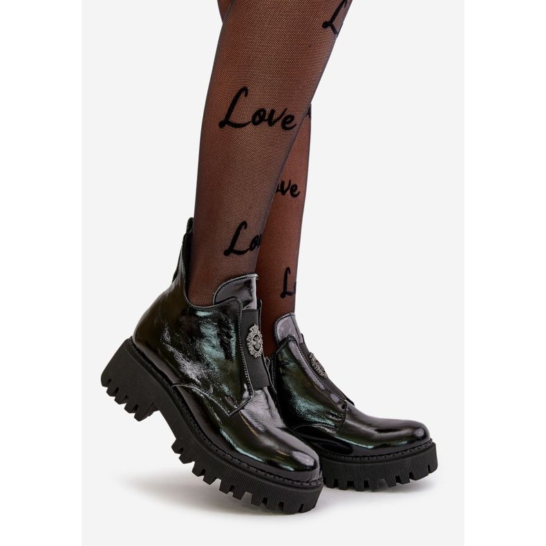 Botine De Dama din Piele Zazoo 60451 Cu Decorat, Negru Lacent 1