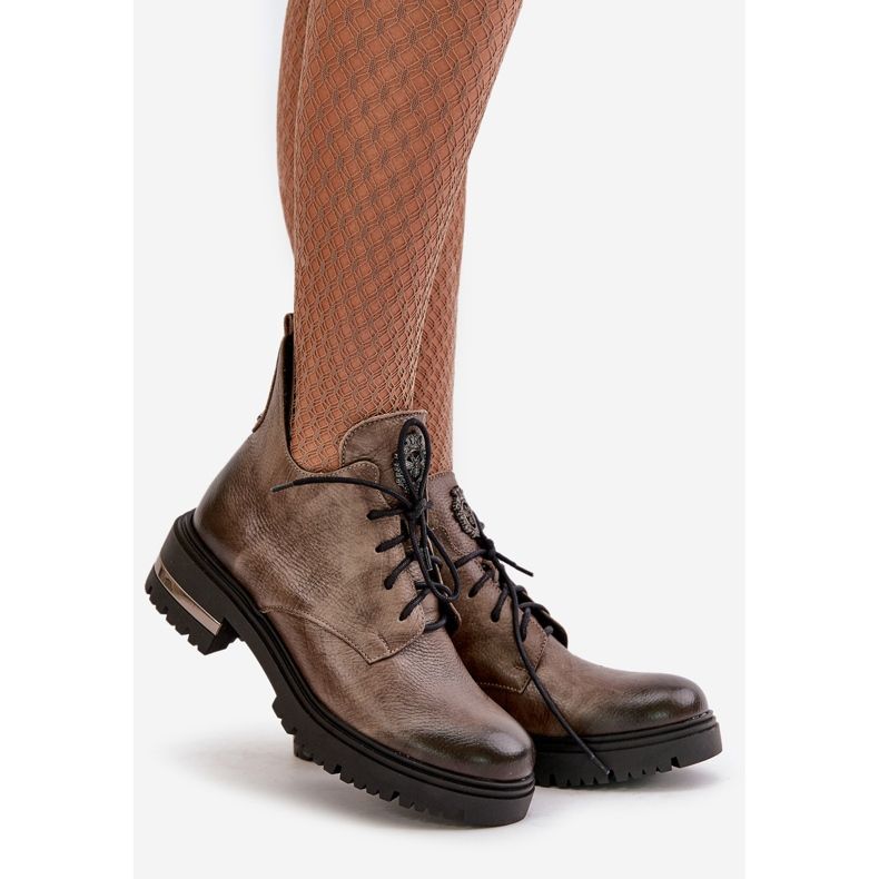 Cizme plate din piele pentru femei Zazoo 60309 Bej închis 1