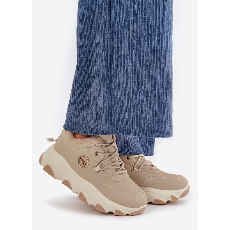 Pantofi sport izolați cu șireturi pentru damă pe platformă, bej, alb 1