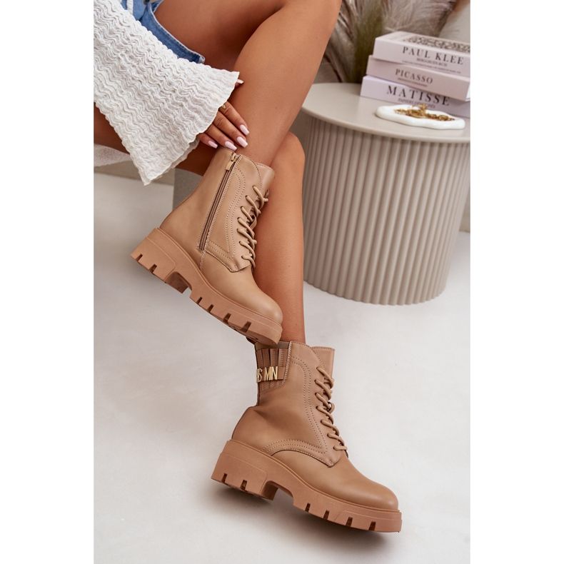 Botine De Dama Worker Cu Fermoar, Cu Siret, Piele Eco Bej Naolani 2