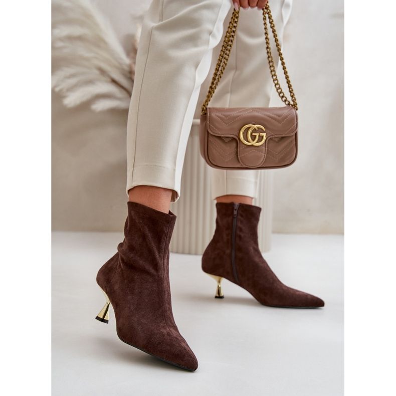 Cizme de dama pe toc inalt din piele intoarsa ecologica cu varf ascutit maro Irithare 2