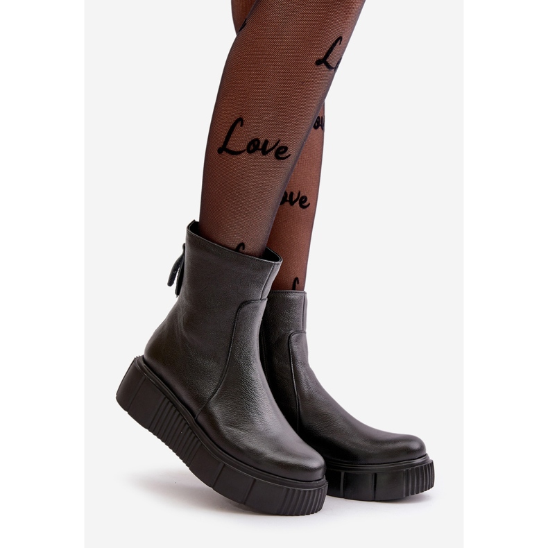 Botine de damă din piele pe platformă Zazoo 60369, negre negru 1