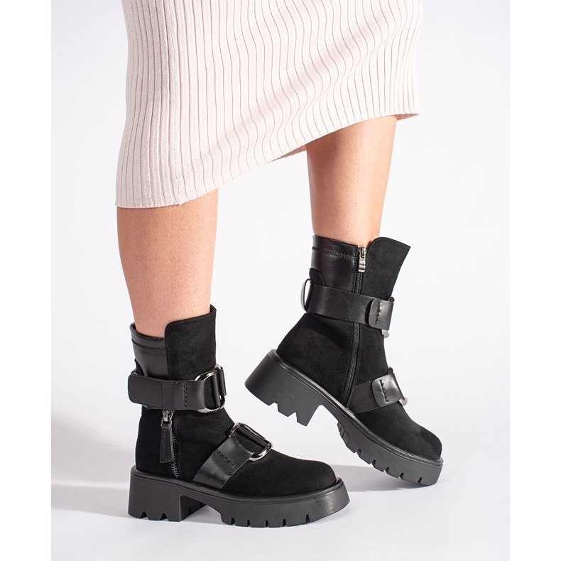 Goodin Botine de dama din piele intoarsa neagra cu catarame negru 1 Goodin Botine de dama din piele intoarsa neagra cu catarame negru 1