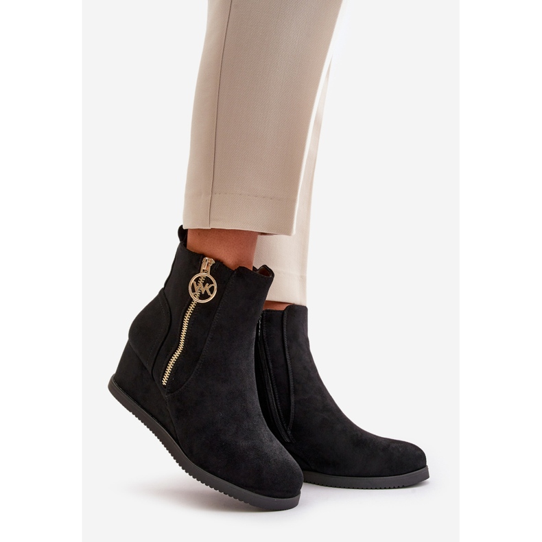 Cizme izolate cu pană cu fermoar decorativ, Eco Suede, Black Leretha negru 1 Cizme izolate cu pană cu fermoar decorativ, Eco Suede, Black Leretha negru 1