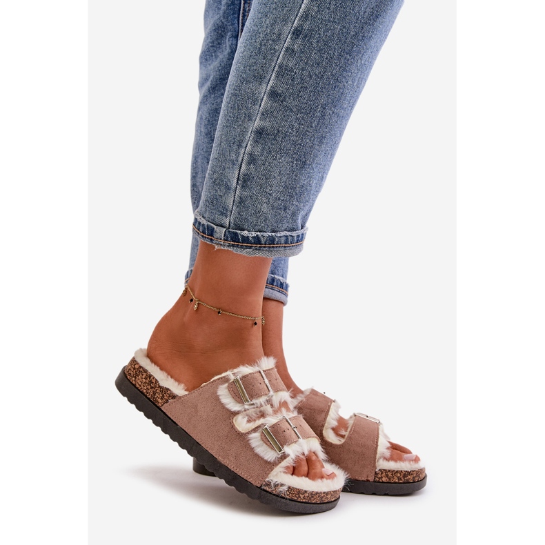 Papuci De Dama Flip-flops Cu Catarame Si Blana Bej Ezilena 1