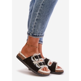 Papuci de damă Flip-flops cu catarame și blană, Ezilena neagră negru 1