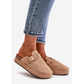 Saboți cu platformă de damă cu cataramă aurie, Terilaina bej închis 1 Saboți cu platformă de damă cu cataramă aurie, Terilaina bej închis 1