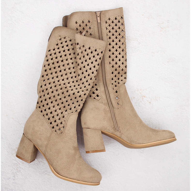 M. DASZYŃSKI Cizme ajurate dama piele intoarsa, bej M.Daszyński SA156-10B 1