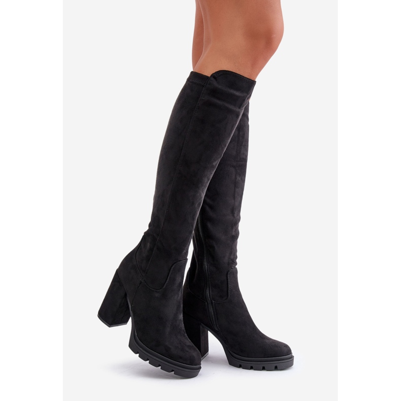 Cizme izolate dama cu toc inalt Eco Suede Black Tirisha negru 1
