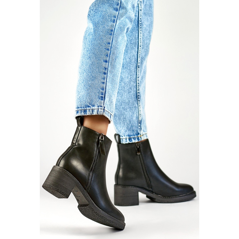 Botine de dama clasice negre cu toc confortabil, botine de dama din piele ecologica negru 1