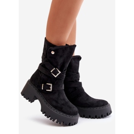 Botine negre de damă cu toc masiv, cu catarame și curea Nerelisa negru 1