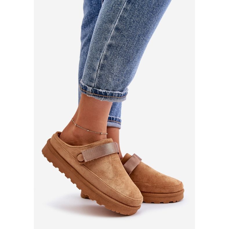 Flip-flops de damă căptușiți cu blană pe platformă Camel Azida maro 1