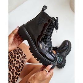 Botine de dama din piele lacuita cu fermoar si inima decorativa, Obeena neagra negru 2