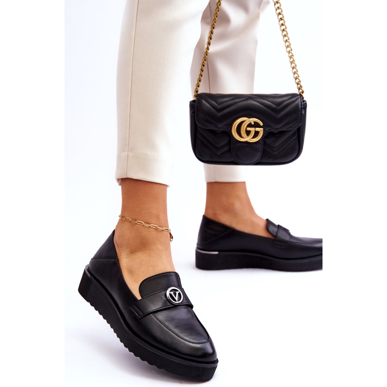 Mocasini Vinceza de damă din piele cu pană joasă, negru 2