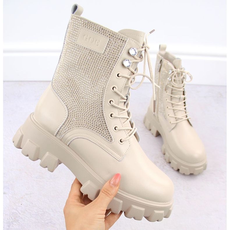 Botine de dama din piele cu strasuri, bej Goe OO2N4108 1