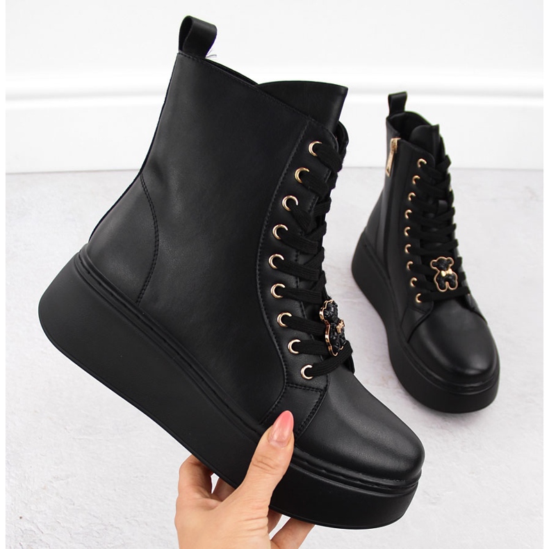 Cizme cu platformă din piele cu ursuleț, negru Vinceza 66701 1