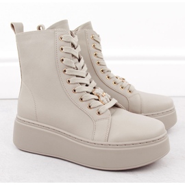 Botine din piele bej pe platformă cu ursuleț Vinceza 66701 2