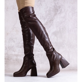 Cizme lungi cu toc inalt din piele ecologica Lamis maro 1