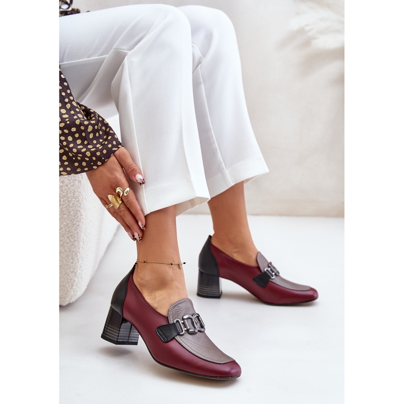 Pompi De Piele Toc Inalt Cu Decorat Auriu Laura Messi 2861 Burgundy roșu 2