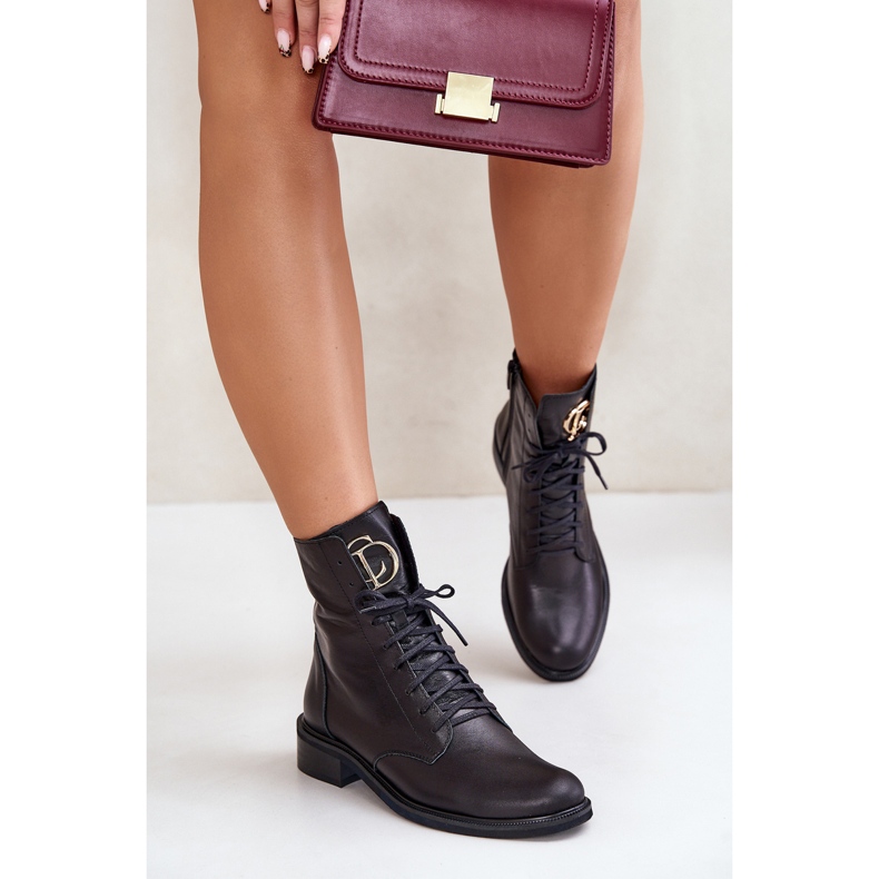 Botine Zazoo 2955 pentru muncitor din piele, cu detaliu auriu pe limbă, negru 2