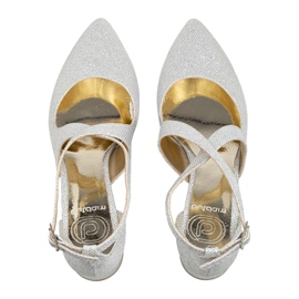 BUTDAM Pantofi de mireasa cu toc mic cu bretele Alba cu sclipici argintii 1