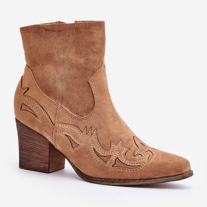 Cizme de cowboy pe toc inalt, Eco Suede, Maro Arabeline 1