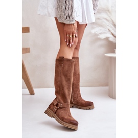Cizme peste genunchi pentru femei din piele intoarsa Lewski 3615 maro 2