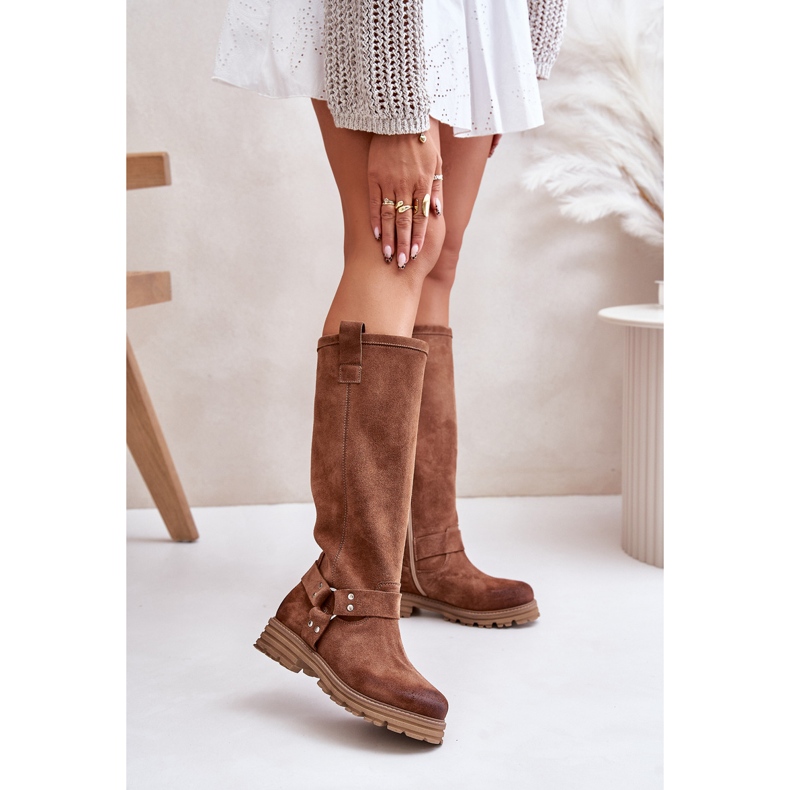 Cizme peste genunchi pentru femei din piele intoarsa Lewski 3615 maro 2