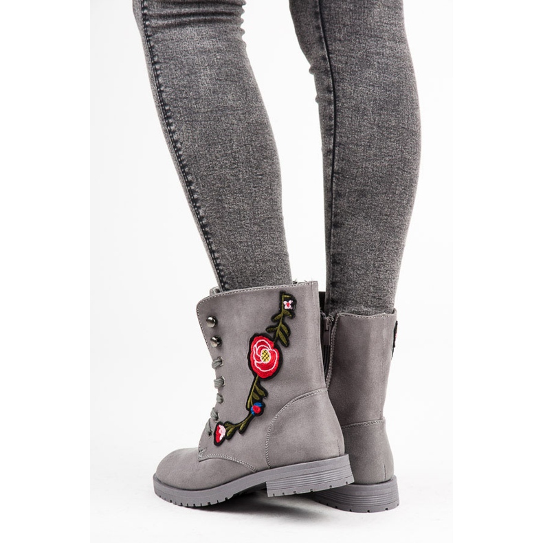 Sport Genti brodate din piele intoarsa gri 1