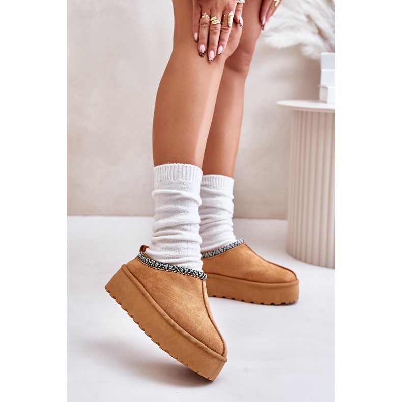 Papuci De Dama Platforma Cu Broderie Camel Neroma bej 2