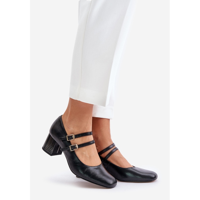 Pompi din piele cu bretele pe un toc inalt Laura Messi 2857 Black negru 1