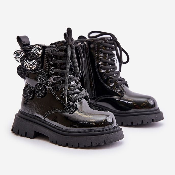 Botine izolate pentru fete cu ursuleț și fermoar, Relobia negru lacuit 1