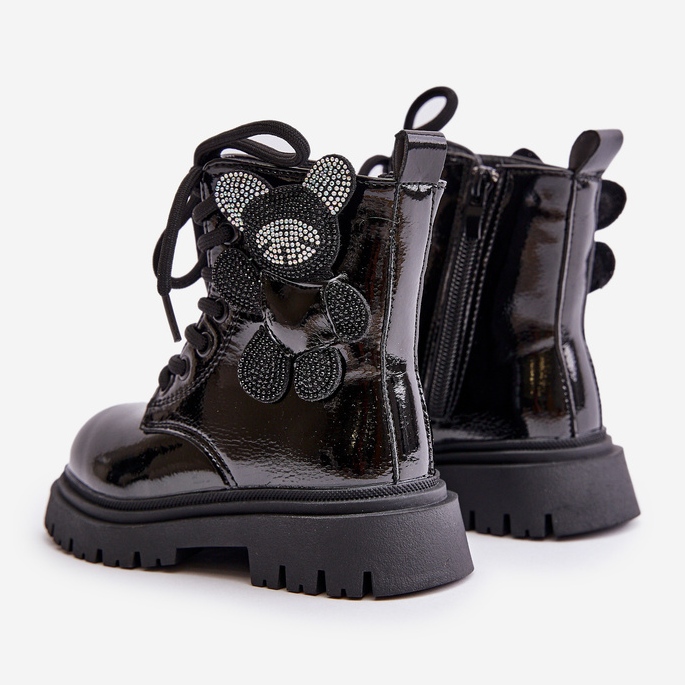 Botine izolate pentru fete cu ursuleț și fermoar, Relobia negru lacuit 2