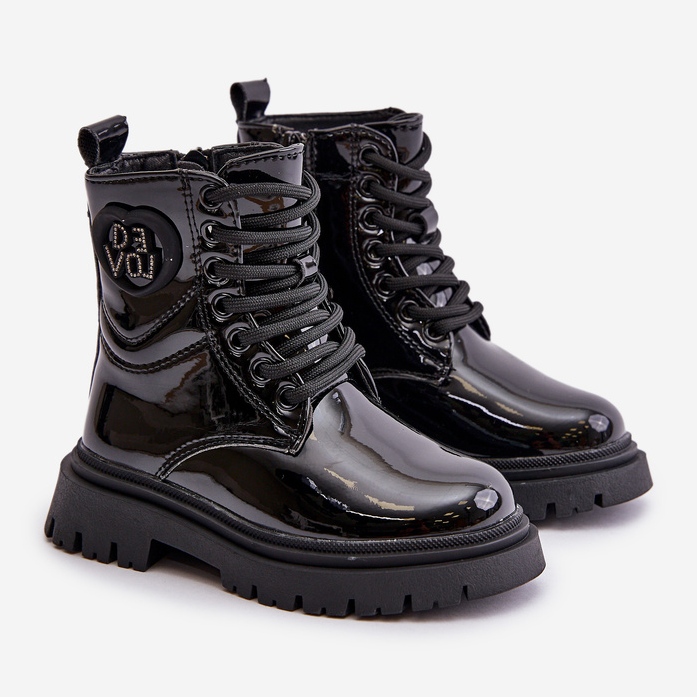 Cizme pentru fete din piele lacuita cu captuseala din blana si cu fermoar, neagra Evaliraea negru 1 Cizme pentru fete din piele lacuita cu captuseala din blana si cu fermoar, neagra Evaliraea negru 1