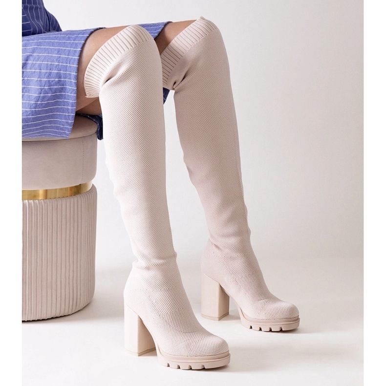 Cizme slip-on lungi, bej, cu toc înalt Lija 1