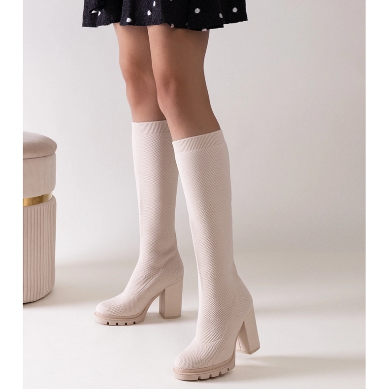 Cizme slip-on cu toc înalt bej Saria 1