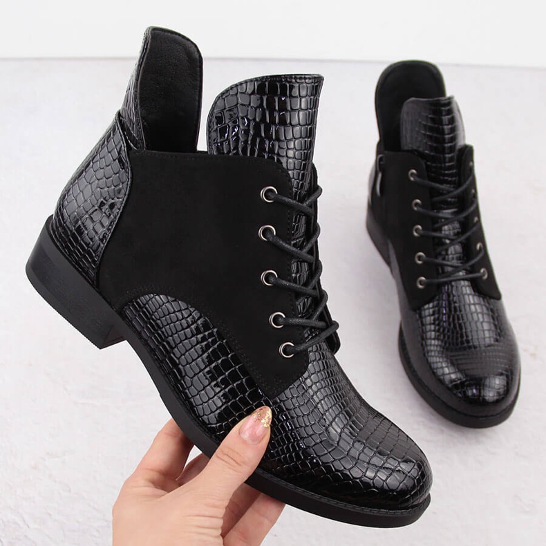 Botine de dama din piele lacuita, neagra, Vinceza 16477 negru 1