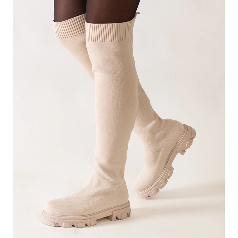 Cizme lungi din material bej pe platforma Athira 1